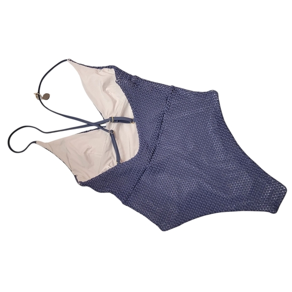 Onia Zinc Blue Textured Crochet One Piece Swimsuit NWT Quiet Luxury Minimalist - Picture 6 of 13